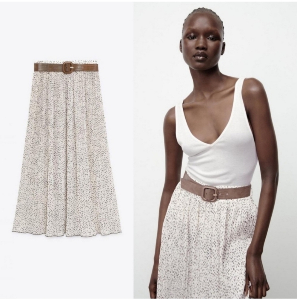 Zara Pleated Midi Polka Dot Skirt, Cream and Brown, Small, NWT